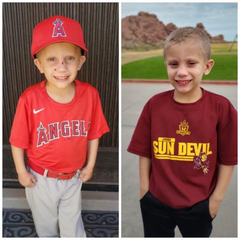 Two photos of boy in softball uniform
