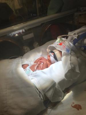Newborn preemie in incubator
