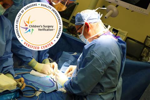 Surgeons in operating room and ACS logo 