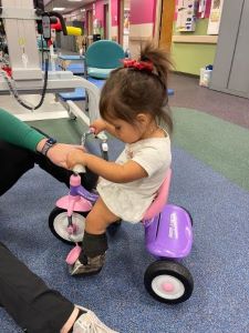 Toddler on pink and purple tricycle