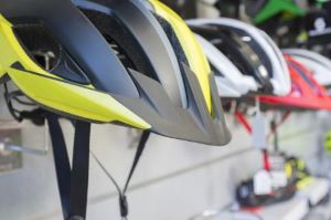 Bike helmets on store wall
