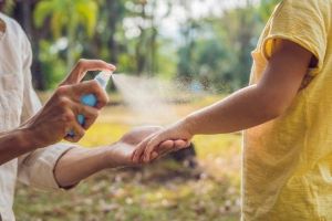 Parent spraying repellant on child's arm