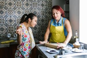 Two women baking in kitchen