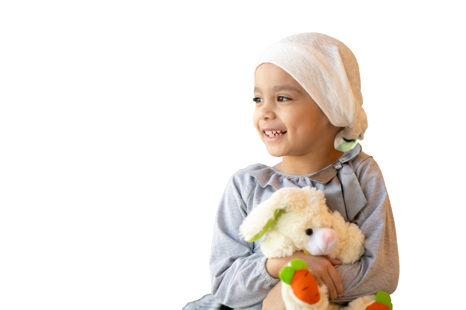 Girl with scarf on head, holding bunny