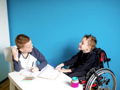 Two boys doing schoolwork