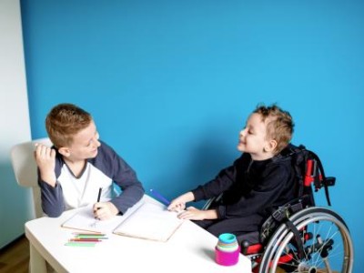 Two boys doing schoolwork