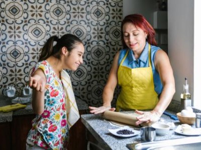 Two women baking in kitchen