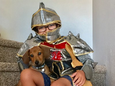 Boy dressed as a knight, sitting on stairs with small dog
