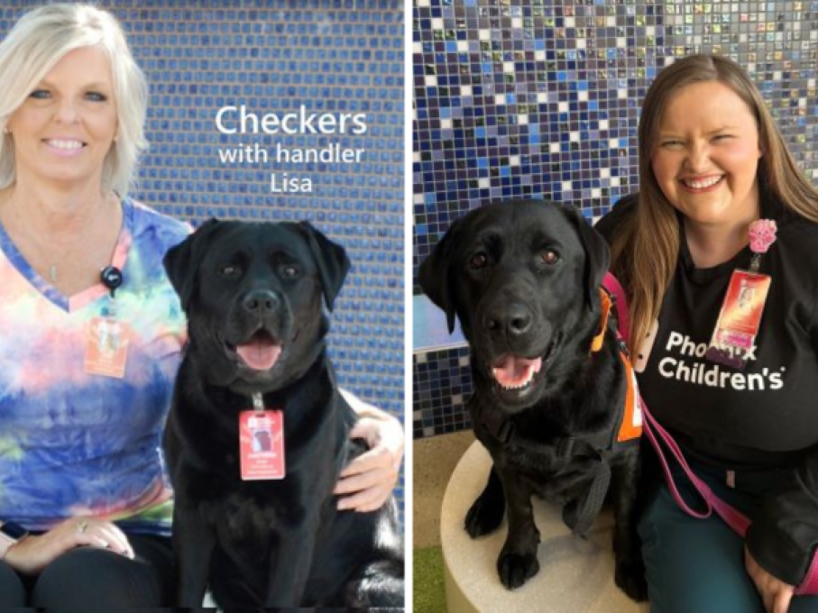 Two black dogs, Checkers and Gertie, and handlers, Lisa and Breanna