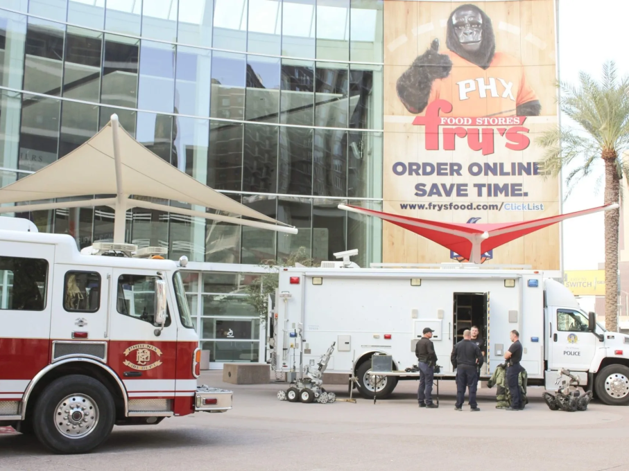 Phoenix fire and police trucks outside of EMS conference