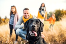Family photo with black dog in foreground